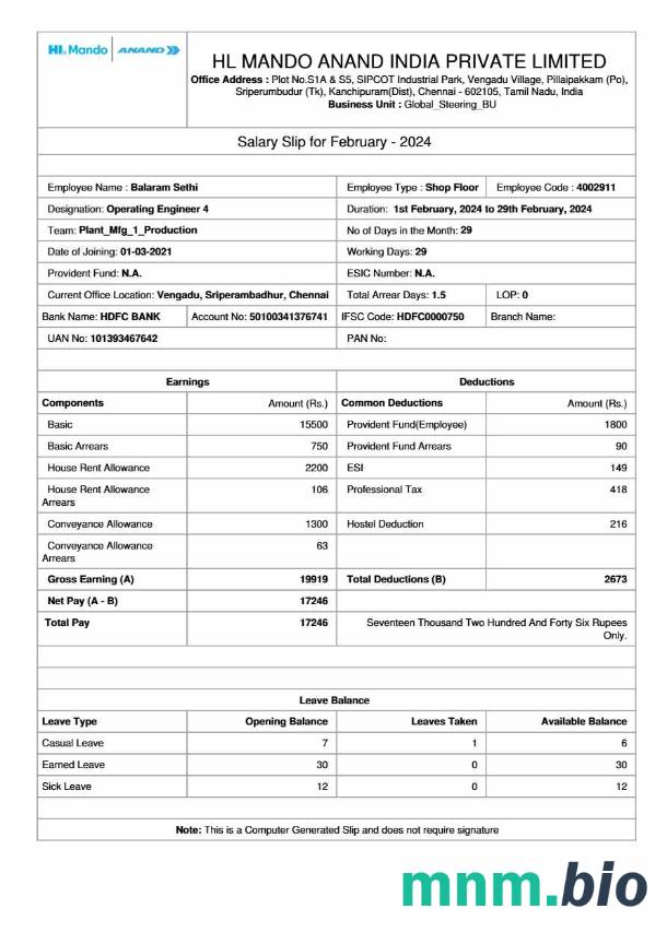 Szablon płacy producenta HL Mando Anand India w formatach Word i PDF